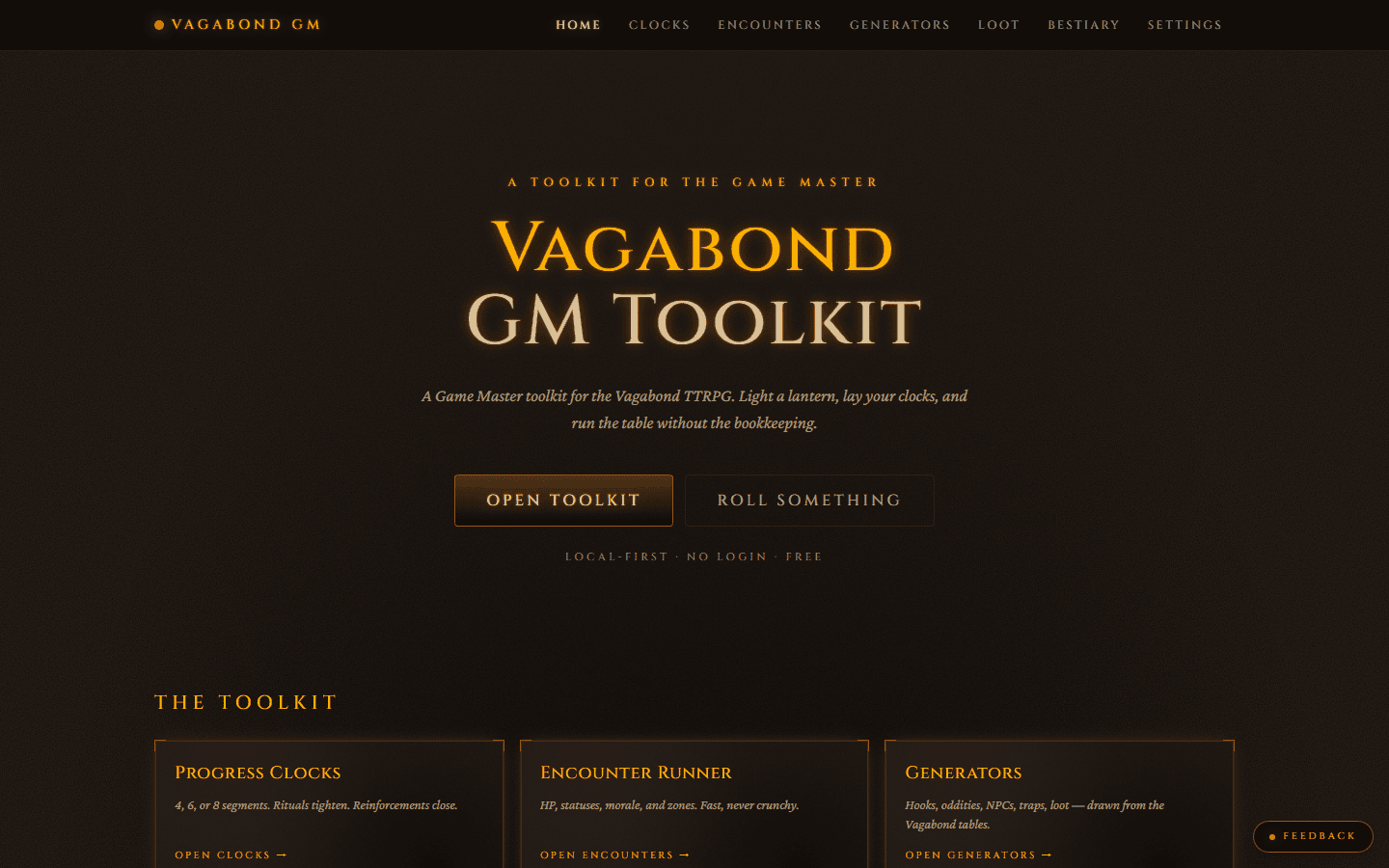 GM Toolkit home screen showing tabletop game tools and generators.